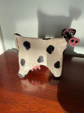 Handcrafted Cream & Black Ceramic Cow Figurine with Pink Accents